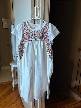 Cost Plus World Market White Embroidered Floral Peasant Dress